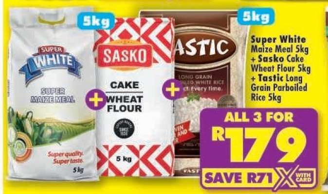Super White Maize Meal 5kg + Sasko Cake Wheat Flour 5kg + Tastic Long Grain Parboiled Rice 5kg