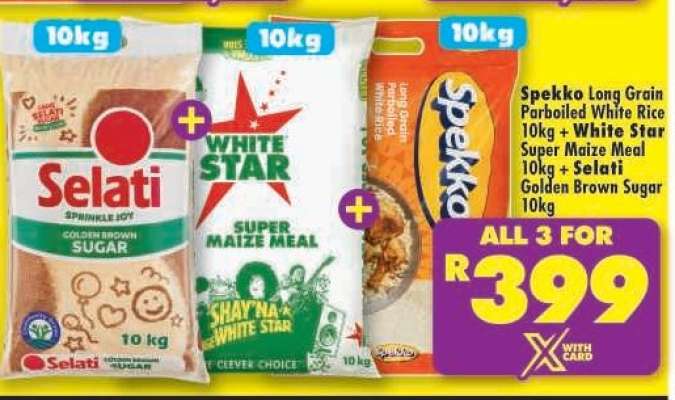Spekko Long Grain Parboiled White Rice 10kg + White Star Super Maize Meal 10kg + Selati Golden Brown Sugar 10kg