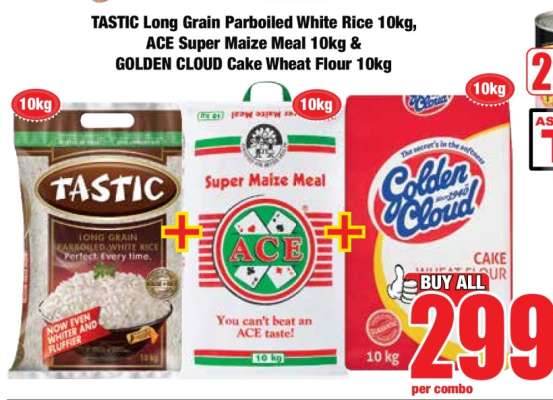 TASTIC Long Grain Parboiled White Rice 10kg, ACE Super Maize Meal 10kg & GOLDEN CLOUD Cake Wheat Flour 10kg