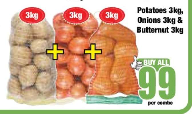 Potatoes 3kg, Onions 3kg & Butternut 3kg