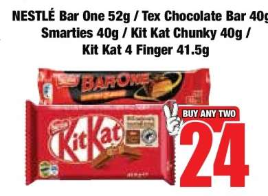 NESTLÈ Bar One 52g / Tex Chocolate Bar 40g / Smarties 40g / Kit Kat Chunky 40g / Kit Kat 4 Finger 41.5g