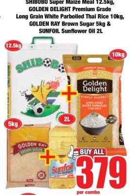 SHIBOBO Super Maize Meal 12.5kg, GOLDEN DELIGHT Premium Grade Long Grain White Parboiled Thai Rice 10kg, GOLDEN RAY Brown Sugar 5kg & SUNFOIL Sunflower Oil 2L