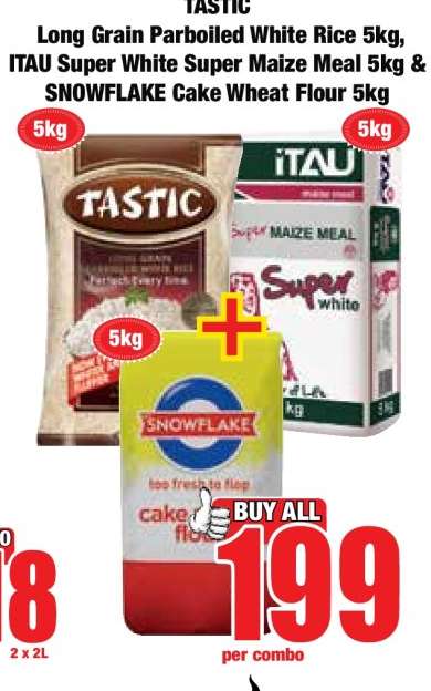 TASTIC Long Grain Parboiled White Rice 5kg, ITAU Super White Super Maize Meal 5kg & SNOWFLAKE Cake Wheat Flour 5kg