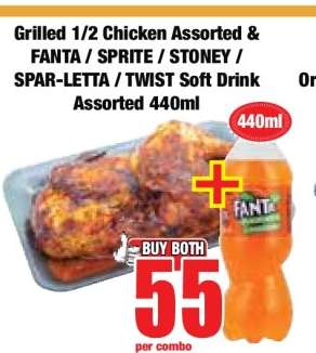 Grilled 1/2 Chicken Assorted & FANTA / SPRITE / STONEY / SPAR-LETTA / TWIST Soft Drink Assorted 440ml