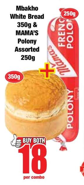 Mbakho White Bread 350g & MAMA’S Polony Assorted 250g