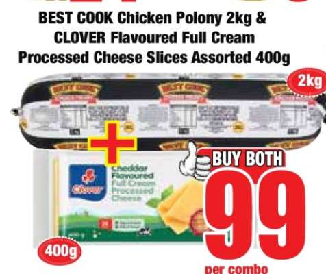 BEST COOK Chicken Polony 2kg & CLOVER Flavoured Full Cream Processed Cheese Slices Assorted 400g