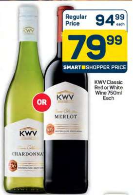 KWV Classic Red or White Wine 750ml Each