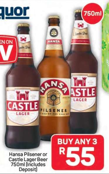 Hansa Pilsener or Castle Lager Beer 750ml