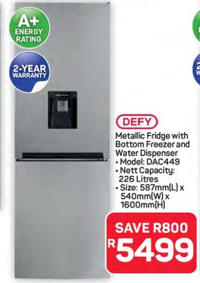 DEFY Metallic Fridge with Bottom Freezer and Water Dispenser