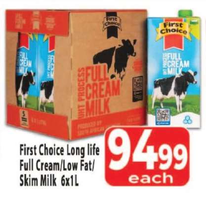 First Choice Long life Full Cream/Low Fat/Skim Milk 6x1L