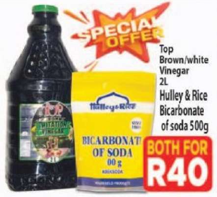 Top Brown/white Vinegar 2L & Hulley & Rice Bicarbonate of soda 500g