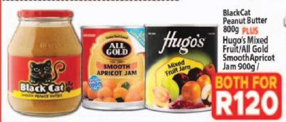 BlackCat Peanut Butter 800g PLUS Hugo’s Mixed Fruit/All Gold Smooth Apricot Jam 900g