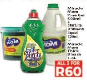 Miracle Mom Pine Gel 500ml + StarLite Dishwash liquid 750ml + Miracle Mom Thick Bleach 1.5L