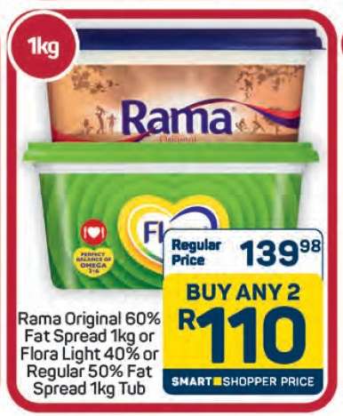 Rama Original 60% Fat Spread 1kg or Flora Light 40% or Regular 50% Fat Spread 1kg Tub