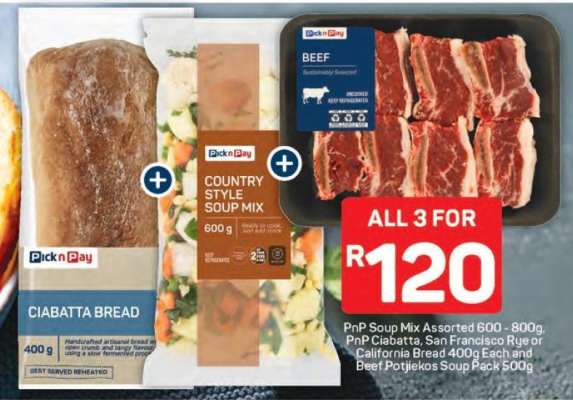 PnP Soup Mix Assorted 600 - 800g, PnP Ciabatta, San Francisco Rye or California Bread 400g Each and Beef Potjiekos Soup Pack 500g