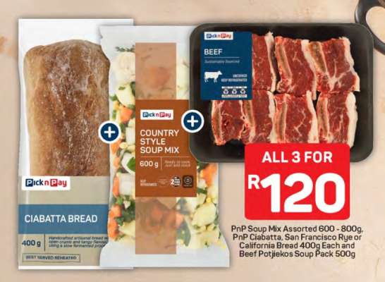 PnP Soup Mix Assorted 600 - 800g, PnP Ciabatta, San Francisco Rye or California Bread 400g Each and Beef Potjiekos Soup Pack 500g