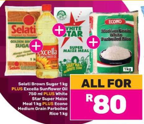 Selati Brown Sugar 1 kg + Excella Sunflower Oil 750 ml + White Star Super Maize Meal 1 kg + Econo Medium Grain Parboiled Rice 1 kg