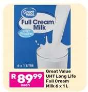 Great Value UHT Long Life Full Cream Milk 6 x 1 L