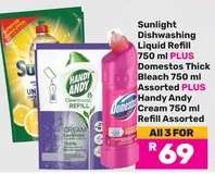 Sunlight Dishwashing Liquid Refill 750 ml PLUS Domestos Thick Bleach 750 ml Assorted PLUS Handy Andy Cream 750 ml Refill Assorted