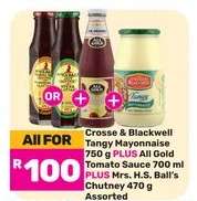 Crosse & Blackwell Tangy Mayonnaise, All Gold Tomato Sauce, Mrs. H.S. Ball's Chutney