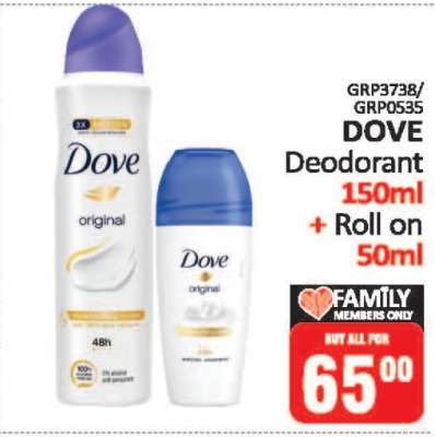 DOVE Deodorant 150ml + Roll on 50ml