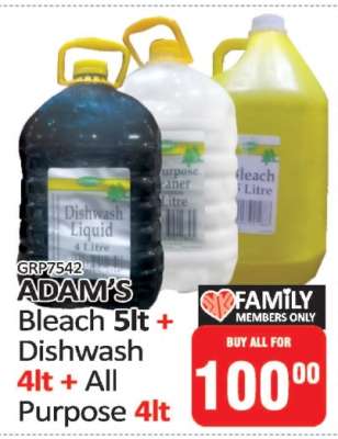 ADAM's Bleach 5lt + Dishwash 4lt + All Purpose 4lt