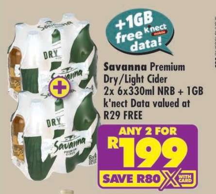 Savanna Premium Dry/Light Cider 2x 6x330ml NRB + 1GB k'nect Data