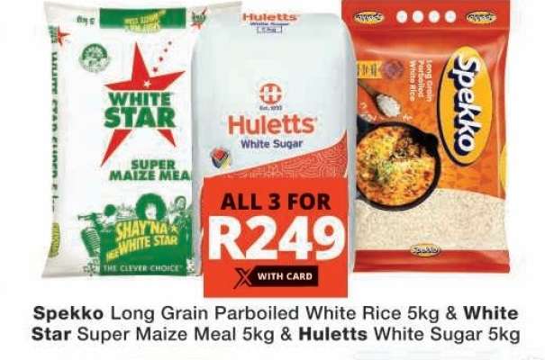Spekko Long Grain Parboiled White Rice 5kg, White Star Super Maize Meal 5kg & Huletts White Sugar 5kg