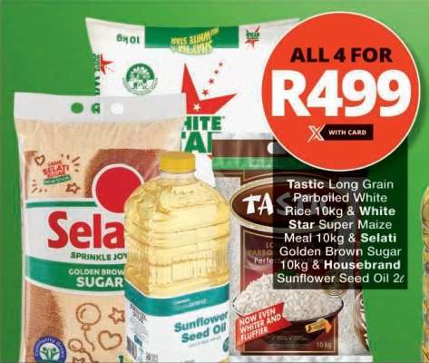 Tastic Long Grain Parboiled White Rice 10kg & White Star Super Maize Meal 10kg & Selati Golden Brown Sugar 10kg & Housebrand Sunflower Seed Oil 2ℓ