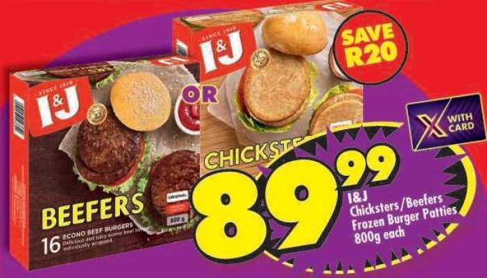 I&J CHICKSTERS/BEEFERS FROZEN BURGER PATTIES 800g each
