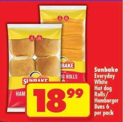 Sunbake Everyday White Hot dog Rolls/Hamburger Buns 6 per pack