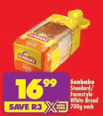SUNBAKE STANDARD/FARMSTYLE WHITE BREAD 700g each
