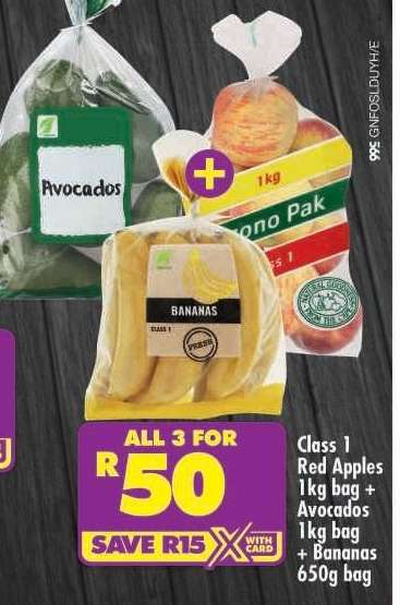 Class 1 Red Apples 1kg bag + Avocados 1kg bag + Bananas 650g bag