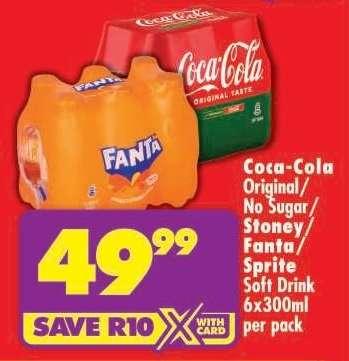COCA-COLA ORIGINAL/NO SUGAR/STONEY/FANTA/SPRITE SOFT DRINK 6x300ml per pack