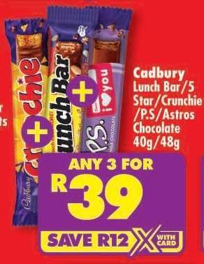 Cadbury Lunch Bar/5 Star/Crunchie/P.S./Astros Chocolate 40g/48g