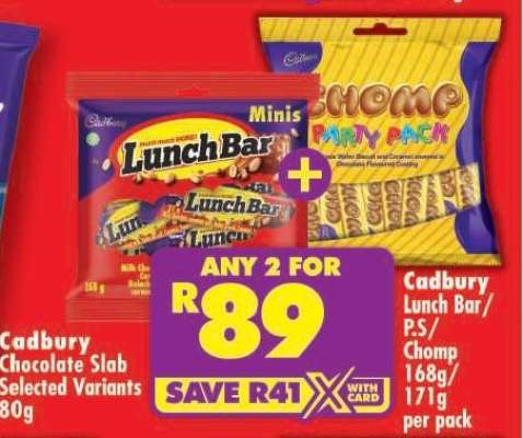 Cadbury Lunch Bar/PS/Chomp 168g/171g per pack