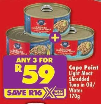 CAPE POINT LIGHT MEAT SHREDDED TUNA IN OIL/WATER 170g