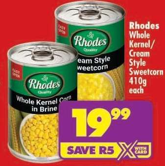 RHODES WHOLE KERNEL/CREAM STYLE SWEETCORN 410g each