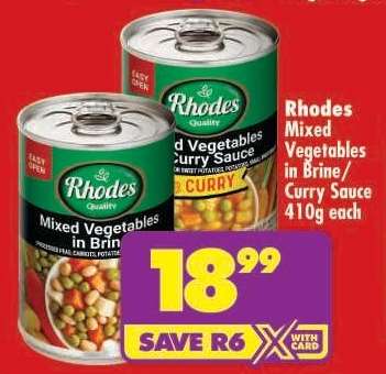 RHODES MIXED VEGETABLES IN BRINE/CURRY SAUCE 410g each