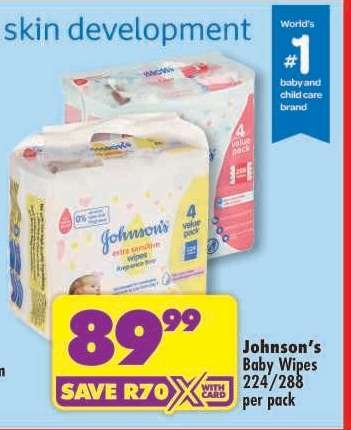 Johnson's Baby Wipes 224/288 per pack