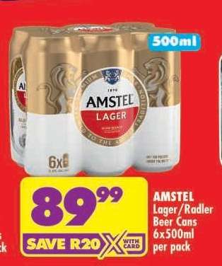 AMSTEL Lager/Radler Beer Cans 6x500ml per pack