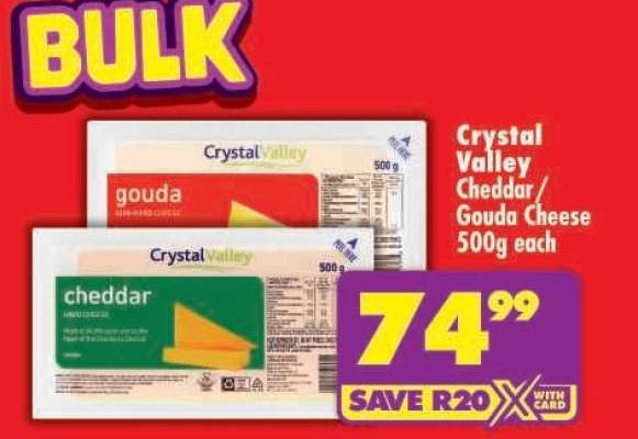 CRYSTAL VALLEY CHEDDAR/GOUDA CHEESE 500g each
