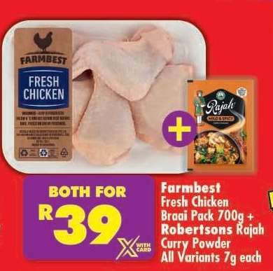 FARMBEST FRESH CHICKEN BRAAI PACK 700g + ROBERTSONS RAJAH CURRY POWDER