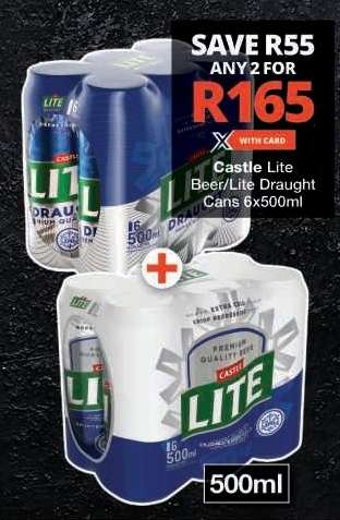 Castle Lite Beer/Lite Draught Cans 6x500ml
