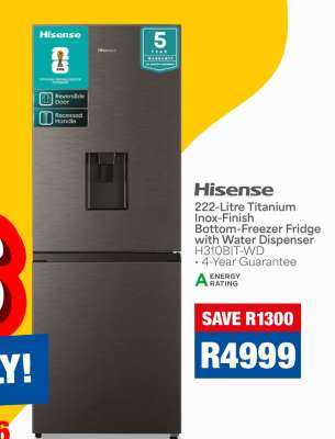 Hisense 222-Litre Titanium Inox-Finish Bottom-Freezer Fridge with Water Dispenser H310BIT-WD