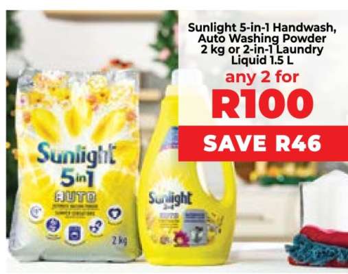 Sunlight 5-in-1 Handwash, Auto Washing Powder 2 kg or 2-in-1 Laundry Liquid 1.5 L