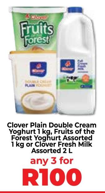 Clover Plain Double Cream Yoghurt 1 kg, Fruits of the Forest Yoghurt Assorted 1 kg or Clover Fresh Milk Assorted 2 L