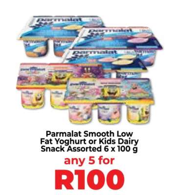 Parmalat Smooth Low Fat Yoghurt or Kids Dairy Snack Assorted 6 x 100 g