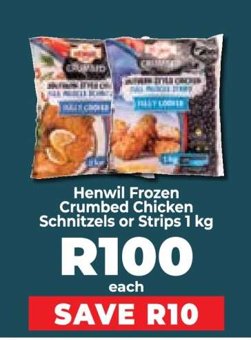 Henwil Frozen Crumbed Chicken Schnitzels or Strips 1 kg