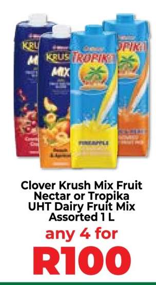 Clover Krush Mix Fruit Nectar or Tropika UHT Dairy Fruit Mix Assorted 1 L